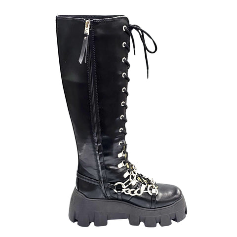 Circus NY Abrina Black Multi Riding Chunky Lace Up Platform Moto Buckle Boots