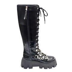 Circus NY Abrina Black Multi Riding Chunky Lace Up Platform Moto Buckle Boots