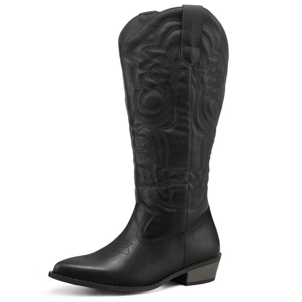 mysoft Women's Wide Calf Pull on Mid Calf Pointed Toe Chunky Heel Western Boots 10W