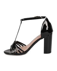 Breckelles Aniston-17 Black Patent PU Open Toe T-Strap Block Heel Retro Sandal (8)