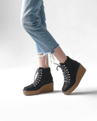 Cecelia New York HELGA Black Leather Hiker Lace up Wedge Platform Ankle Booties