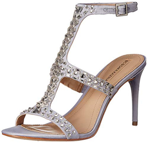 BCBG MAX AZRIA Ping T-Strap Rhinestone Dress Sandal Formal Pumps Silver Satin