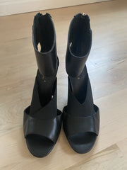Cecelia New York Mirror Black Open Toe Gold Stiletto Heel Stretch Strap Sandals