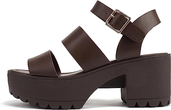 Soda Account Brown Pu Ankle Strap Round Open Toe Strappy Block Heeled Sandals