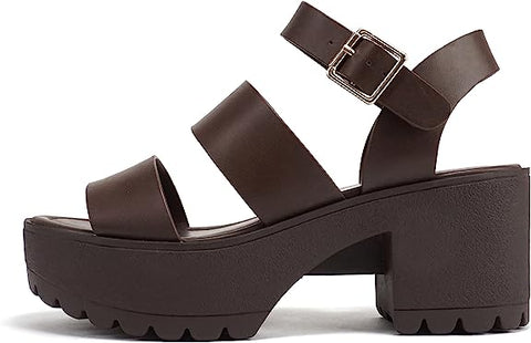 Soda Account Brown Pu Ankle Strap Round Open Toe Strappy Block Heeled Sandals