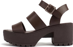 Soda Account Brown Pu Ankle Strap Round Open Toe Strappy Block Heeled Sandals