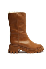 Schutz Juany Winter Brown Rounded Toe Mid Calf Lug Sole Block Heel Ankle Boots