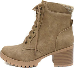 Soda Single Warm Taupe Lug Sole Chunky Heel Lace Up Platform Combat Wide Boots
