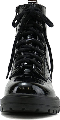 Soda Firm Black Croco Patent Lace Up Round Toe Chunky Combat Ankle Wide Boots