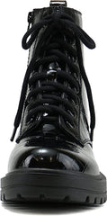Soda Firm Black Croco Patent Lace Up Round Toe Chunky Combat Ankle Wide Boots