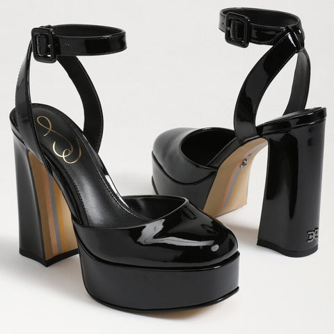 Sam Edelman Kaine Black Leather Squared Toe Ankle Strap Block Heeled Sandals