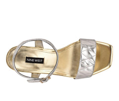 Nine West Nila Silver Buckle Closure Squared Open Toe Platform Wedge Sandal