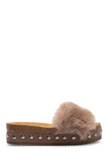 LFL by Lust For Life Women's LL-Prism Slide Sandal Tan Furry Mule Wedge Platform