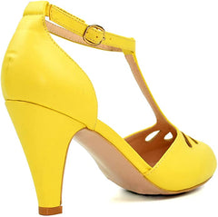 Chase & Chloe Kimmy-36 Teardrop T-Strap Mid Heel Pumps Yellow Pu