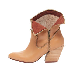Kelsi Dagger Ingrid Sandy Tan Leather Block Heel Leather Foldable Ankle Bootie