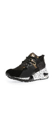 Steve Madden Cliff Round-Toe Lace Up Platform Fashion Chunky Sneakers Black Gold