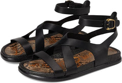 Sam Edelman Delia Black Leather Open Toe Strappy Buckle Detailed Flat Sandals