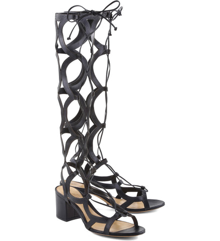 Schutz Perlie Black Leather Knee High Tie Up Low Heel Gladiator Fashion Sandals