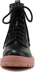 Soda Firm Black/D-mauve Lace Up Round Toe Chunky Combat Ankle Wide Boots