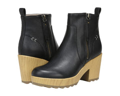 Dr Scholl's Win Over Black Leather Block Heel Wood Platform Clog Ankle Boots