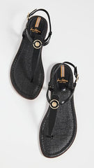 Sam Edelman Gigi Black Signet Ankle Strap Open Toe Embellished Thong Flat Sandal