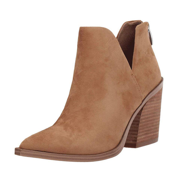FISACE Womens Pointed Toe Stacked Mid Heel Ankle Boots V Cut Back Zipper Booties 8