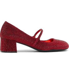 Jeffrey Campbell Regal Red Velvet Combo Embellished Block Heel Squared Toe Pumps