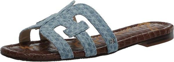 Sam Edelman Bay Montrose Blue Denim Slip On Rounded Open Toe Leather Strap Sandals