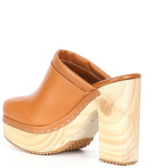 Steve Madden Alvara Cognac Leather Slip On Squared Toe Block Heeled Clog Mule