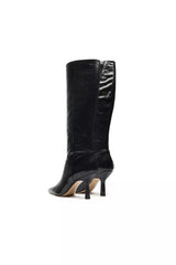 Schutz Jupitar Black Croco Leather Stiletto Pointed Toe Women's Knee Boots