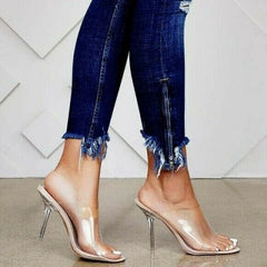 Cape Robbin Allure Lucite Clear PVC Mules Open Toe Stiletto Heel Pumps Nude