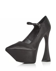 Jeffrey Campbell Siouxsie Black Satin Ankle Strap Pointed Toe Spool Heel Pumps