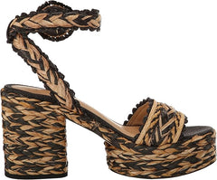 Sam Edelman Iliana Black/Natural Raffia Ankle Strap Open Toe Block Heeled Sandals