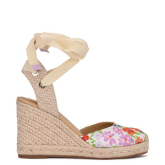Nine West Multi Floral Tie Up Ankle Wrap Rounded Espadrille Wedge Heeled Sandals
