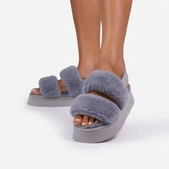 Luxemoda Tata Fluffy Stripe Platform Slip On Open Toe Faux Fur Slippers