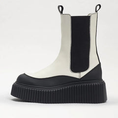 Sam Edelman Taber White/Black Chunky Lug Sole Rounded Toe Pull On Combat Boots