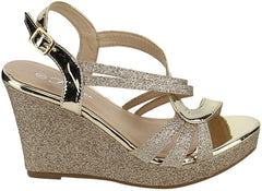 Forever Happy-09 Rose Gold Glitter Strappy Wrapped Wedge Heel Platform Sandals