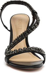 Schutz Court Black Metallic Crystal Studs Pull On Open Toe Stiletto Heel Sandals
