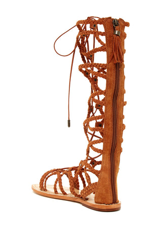 Schutz Krista Caramel Brown Leather Tie Lace Up Braided Gladiator Flat Sandals