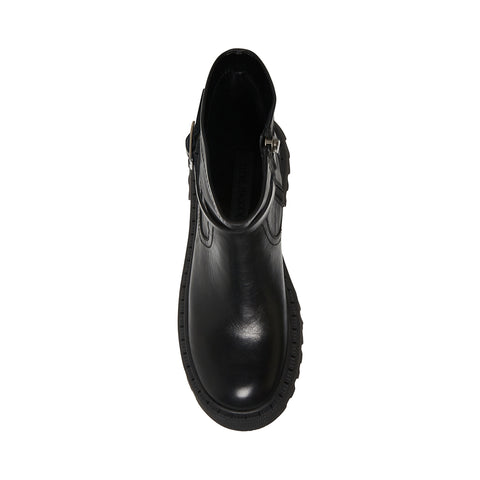Steve Madden Ankle Boot Everly Black Leather Lugged Sole Buckle Detailed Ankle Combat Boots