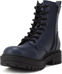 Soda Firm Navy Pu Lace Up Rounded Toe Lugged Chunky Platform Combat Ankle Boots
