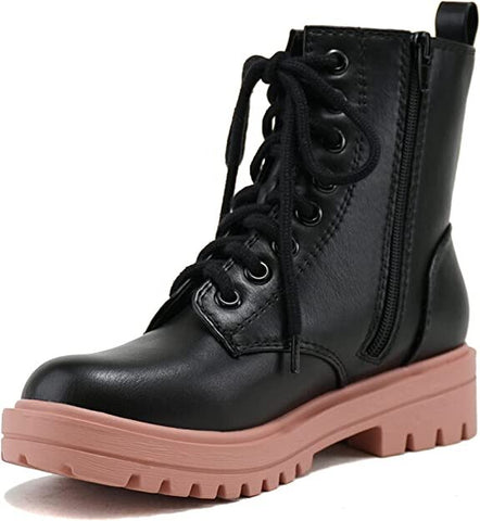 Soda Firm Black/D-mauve Lace Up Round Toe Chunky Combat Ankle Wide Boots