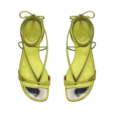 Schutz Vikki Flat Green Yellow T-Strap Ankle Strap Lace up Open Toe Flat Sandal