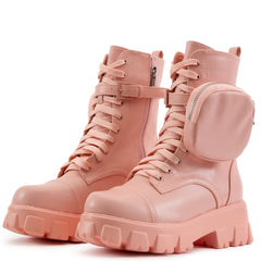 Cape Robbin Monalisa Pink Pastel Chic Chunky Platform Lace Up Pouch Combat Boots