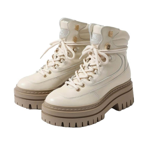 Sam Edelman Kace Modern Ivory Leather Lace Up Chunky Sole Combat Ankle Boots