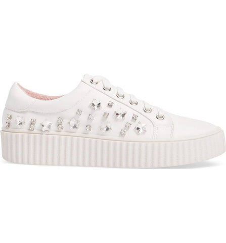 Lauren Lorraine Pam White Embellished Platform Lace Up Rhine Stone Chic Sneakers