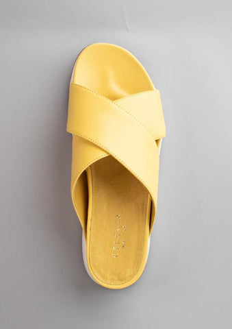 Cecelia New York UMA Yellow Platform Criss Cross Straps Wedge Slide Mule Sandals