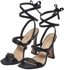 Sam Edelman Lonnie Black Leather Spool Heel Squared Toe Tie Up Heeled Sandals