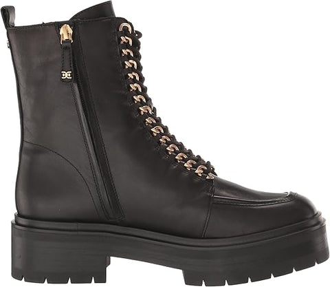 Sam Edelman Lovrin Black Leather Lace Up Rounded Toe Chunky Heeled Ankle Boots