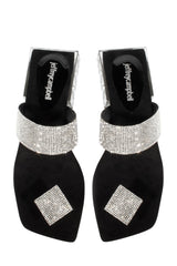 Jeffrey Campbell Alise Black Suede Silver Block Heel Open Toe Flat Sandals